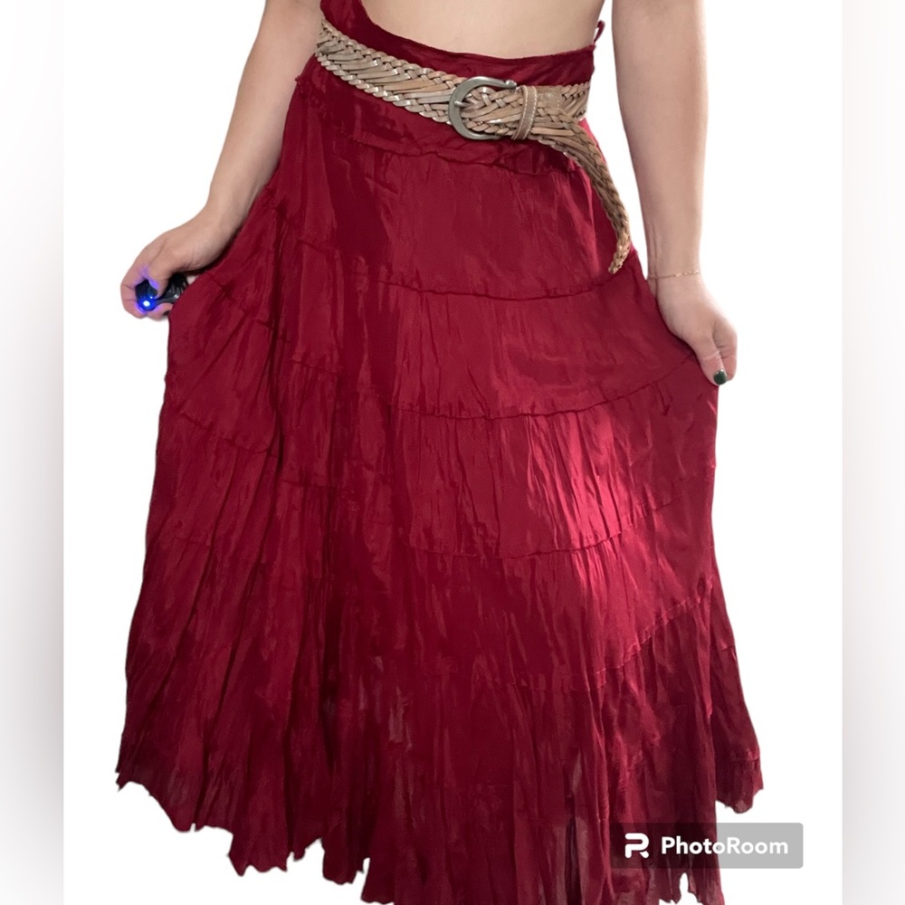 Red Retro Crinkled Tiered Long Maxi Fall Skit Size Small